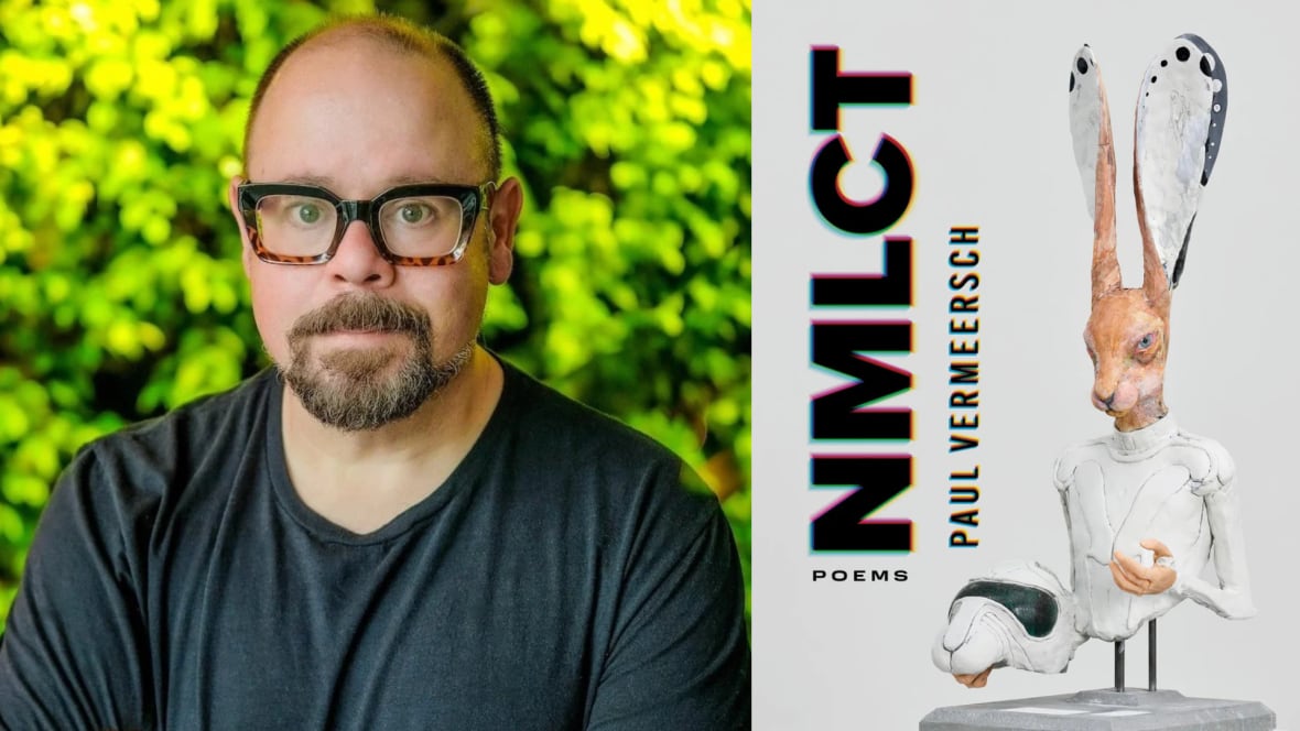 A composite image featuring a portrait of a man with glasses beside a white book cover featuring a bust of a rabbit holding a virtual reality helmet