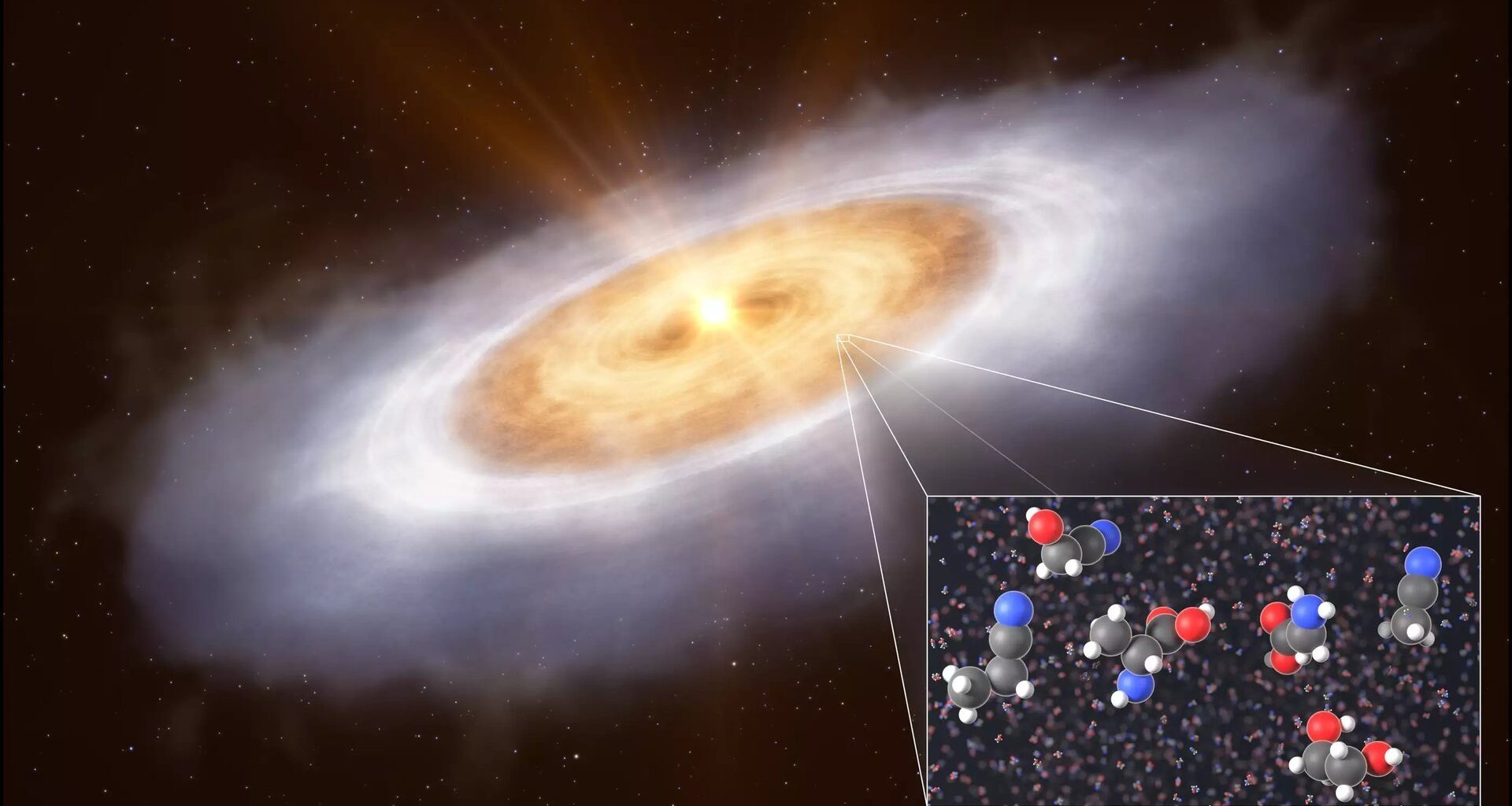 Artist’s impression of the planet-forming disc around the star V883 Orionis. © Credit: ESO/L. Calçada/T. Müller (MPIA/HdA) (CC BY 4.0)