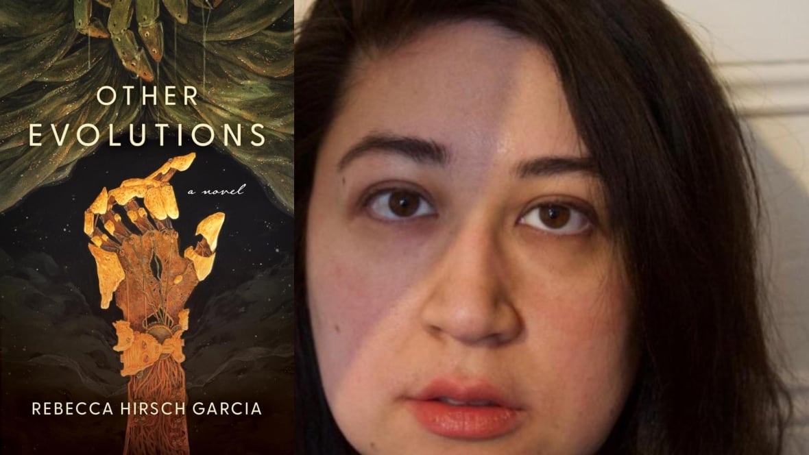 A book cover with a gold robot hand and on the right is a photo of a woman with black hair. 