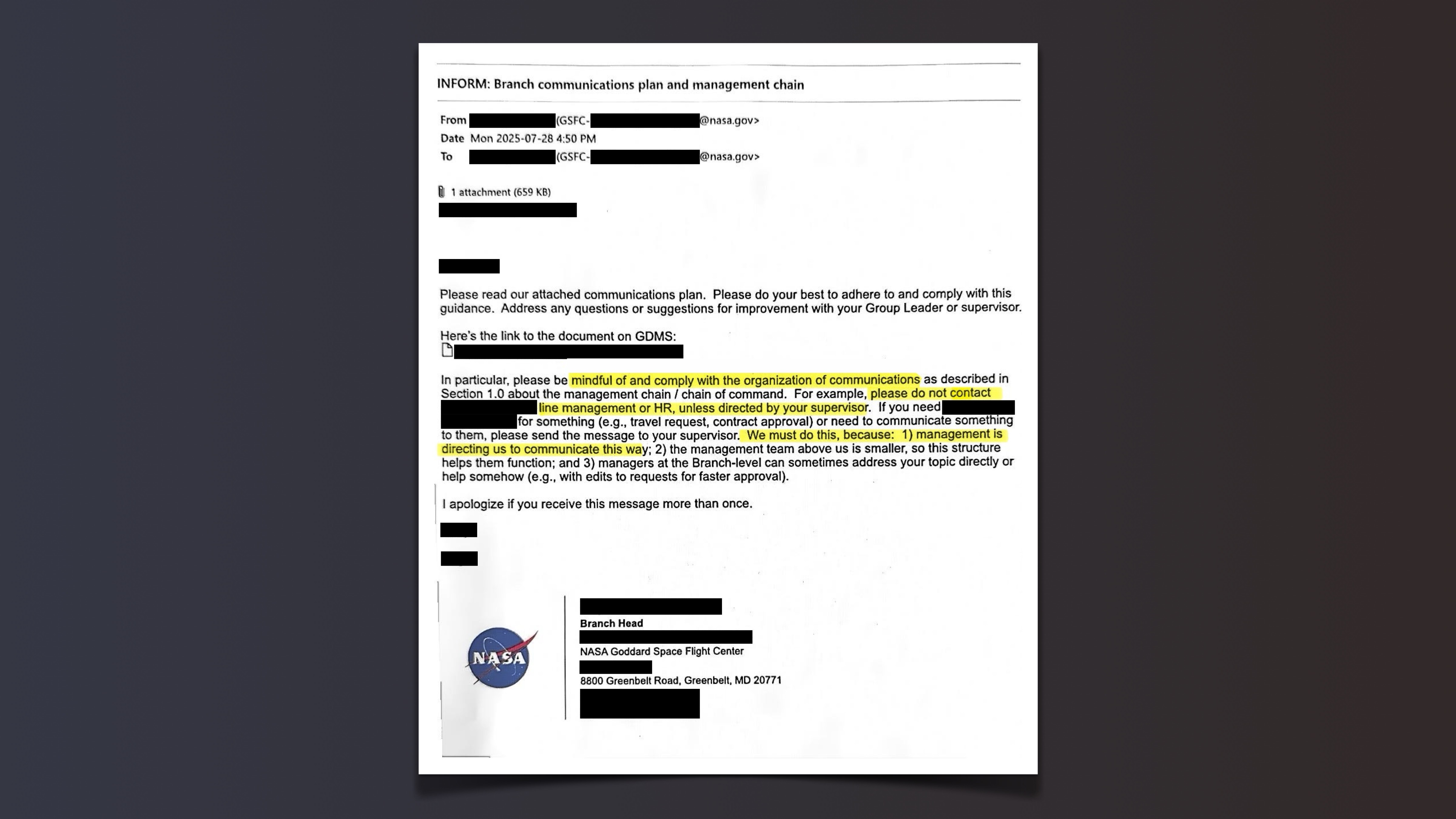 A document with redactions and highlights.