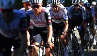 VARESE, ITALY - OCTOBER 07: Tadej Pogacar of Slovenia and UAE Team Emirates competes during the 104th Tre Valli Varesine 2025 a 200.3km one day race from Busto Arsizio to Varese on October 07, 2025 in Varese, Italy. (Photo by Tim de Waele/Getty Images)