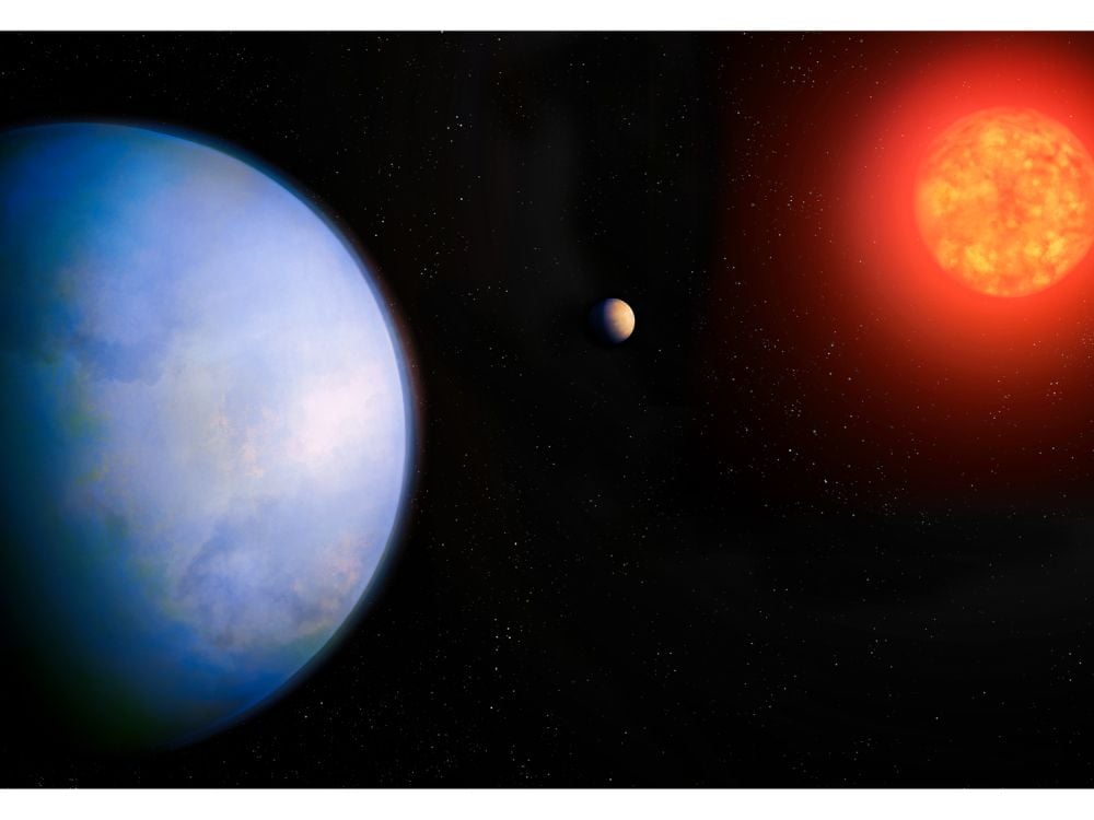 This artist's illustration shows GJ 251c, its sibling planet, and the red dwarf they both orbit. GJ 251 c is a rocky super-Earth in its star's habitable zone. At only 18 light-years away, it's a strong candidate for direct imaging. Image Credit: University of California Irvine; Michael Marcheschi / m2design