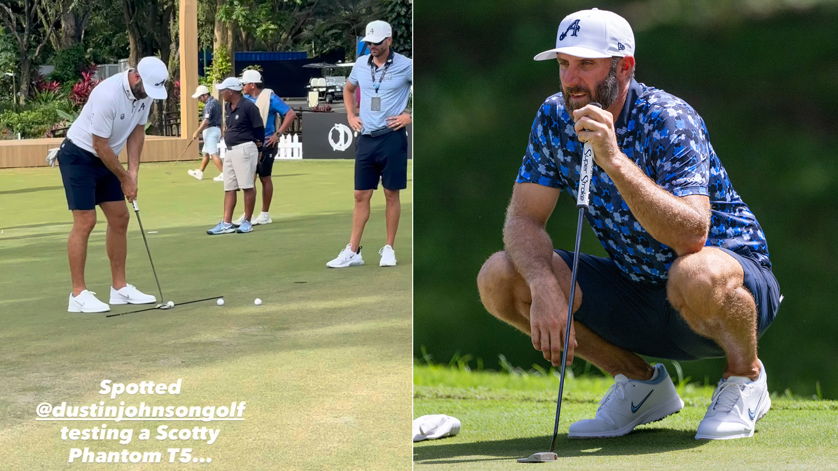 Dustin Johnson hits a putt and lines it up