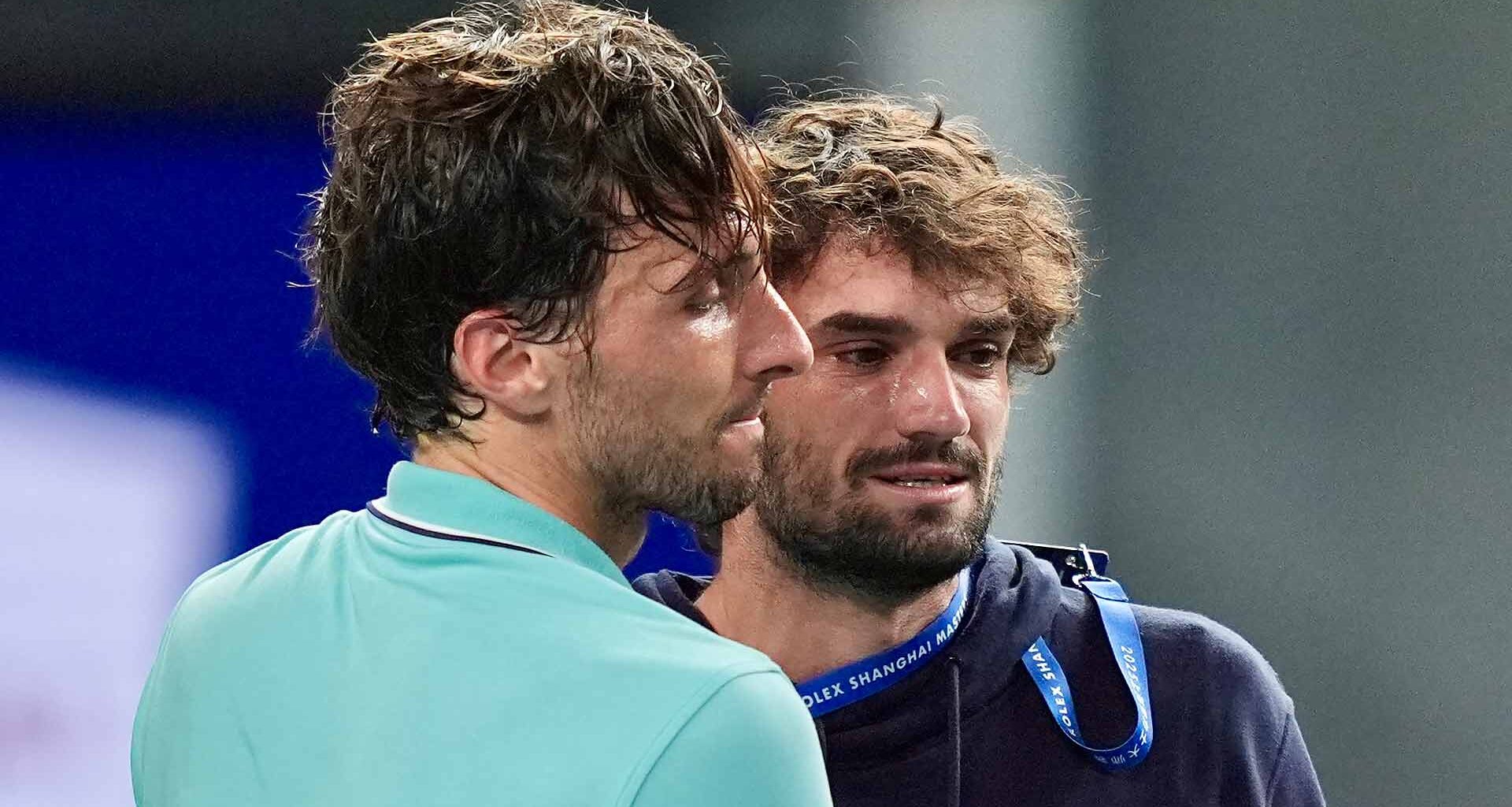 Arthur Rinderknech and Valentin Vacherot celebrate following Rinderknech's semi-final victory against Daniil Medvedev in Shanghai.