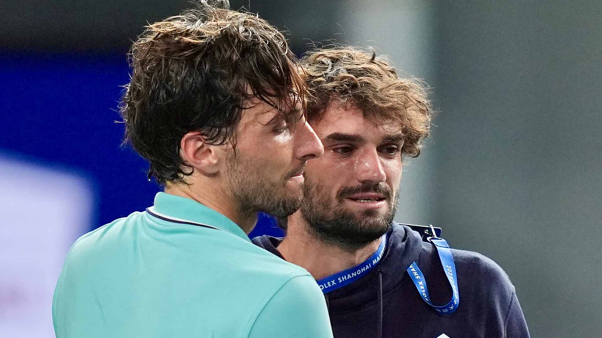 Arthur Rinderknech and Valentin Vacherot celebrate following Rinderknech's semi-final victory against Daniil Medvedev in Shanghai.