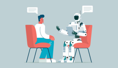 Illustration of a person talking to a robot holding a clipboard.