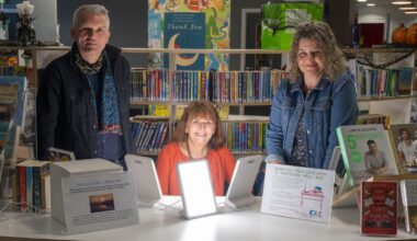 Professor Hayden Lorimer, Wintering Well box user Claire Charlwood, and Professor Hester Parr. Pic: University of Glasgow