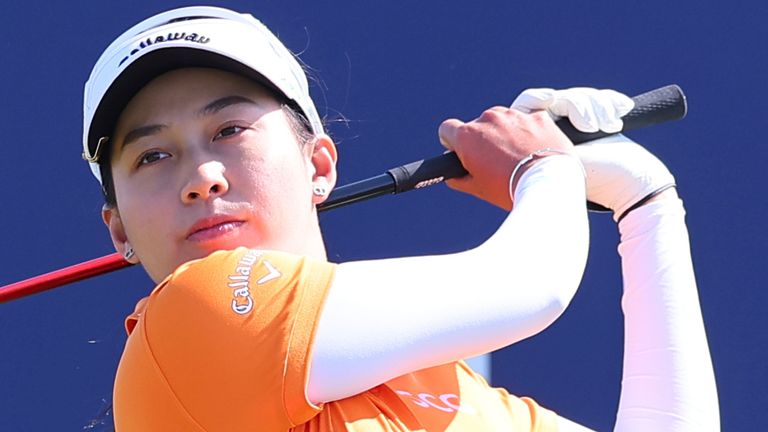 JERSEY CITY, NJ - MAY 11: Jeeno Thitikul of Thailand tees off at the first tee during the final round of the Mizuho Americas Open on May 11, 2025 at Liberty National Golf Club in Jersey City, New Jersey. (Photo by Rich Graessle/Icon Sportswire) (Icon Sportswire via AP Images)
