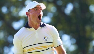 Rory McIlroy of Team Europe reacts on the fifteenth during the Sunday singles matches of the 2025 Ryder Cup a