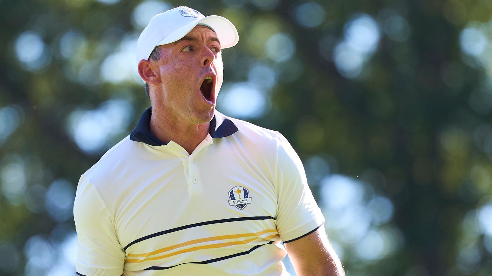 Rory McIlroy of Team Europe reacts on the fifteenth during the Sunday singles matches of the 2025 Ryder Cup a