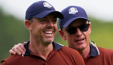 European captain Luke Donald (right) and star player Rory McIlroy (left) during the 2025 Ryder Cup at Bethpage Black (Associated Press)