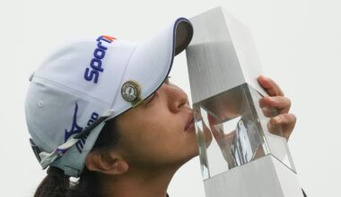 Sei Young Kim of South Korea holds the winning trophy during the awards ceremony after winning the BMW Ladies Championship