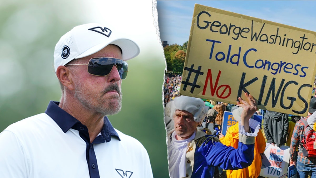 Split image with Phil Mickelson (left) and "No Kings" protest (right)