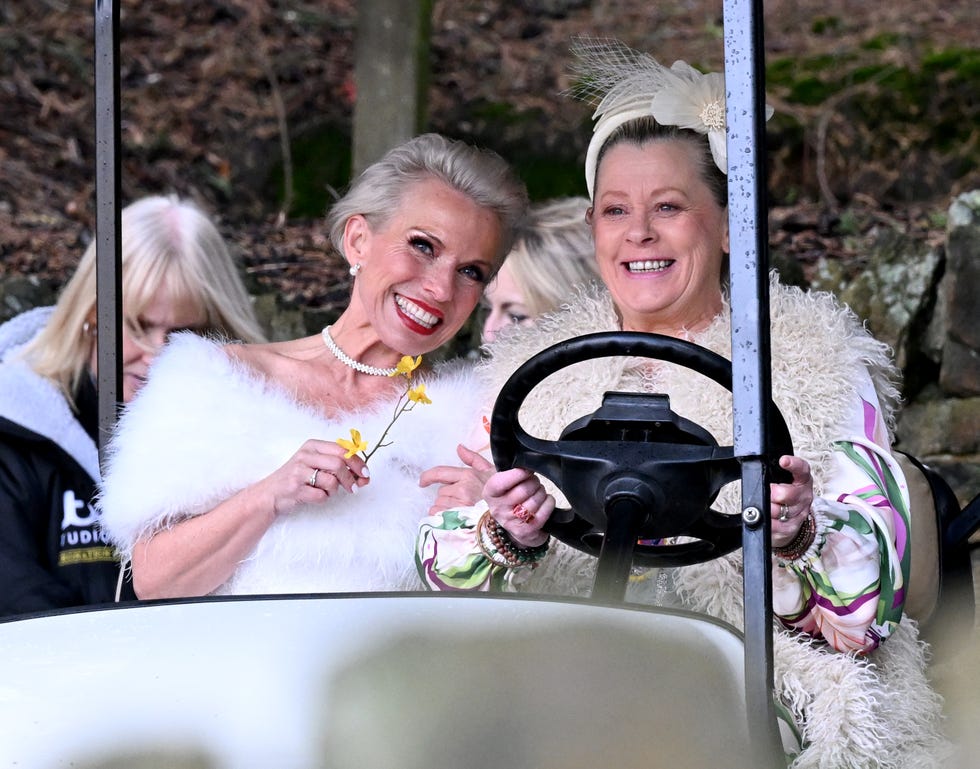 sue devaney and jane hazelgrove as debbie and bernie filming coronation street wedding scenes