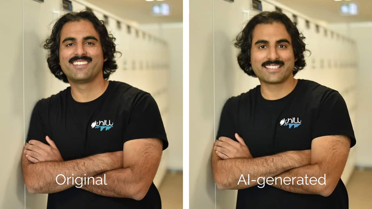 A side by side image of two images of a man smiling which look extremely similar 