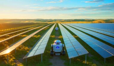 Illustration of AI-powered robots installing solar panels at a solar farm in Victoria, Australia.