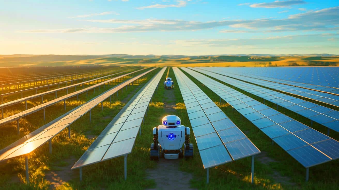 Illustration of AI-powered robots installing solar panels at a solar farm in Victoria, Australia.