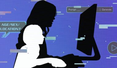 a graphic with a purple background and a silhouette of a girl within the larger silhouette of a woman on a laptop. digital graphics are in the background including an AI prompt, play button and ASL chat bubble