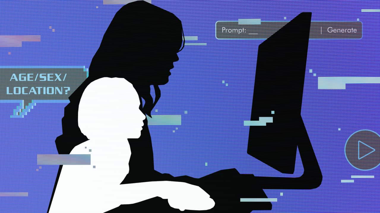 a graphic with a purple background and a silhouette of a girl within the larger silhouette of a woman on a laptop. digital graphics are in the background including an AI prompt, play button and ASL chat bubble