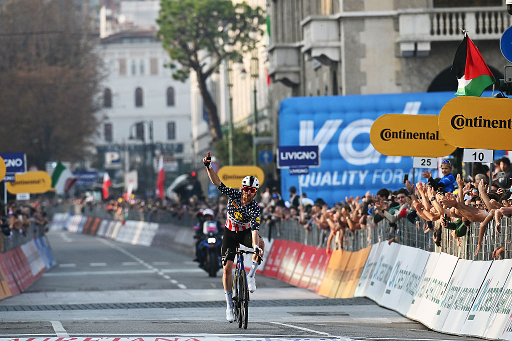BERGAMO, ITALY - OCTOBER 11: Quinn Simmons of United States and Team Lidl - Trek crosses the finish line during the 119th Il Lombardia 2025 a 241km one day race from Como to Bergamo on October 11, 2025 in Bergamo, Italy. (Photo by Dario Belingheri/Getty Images)