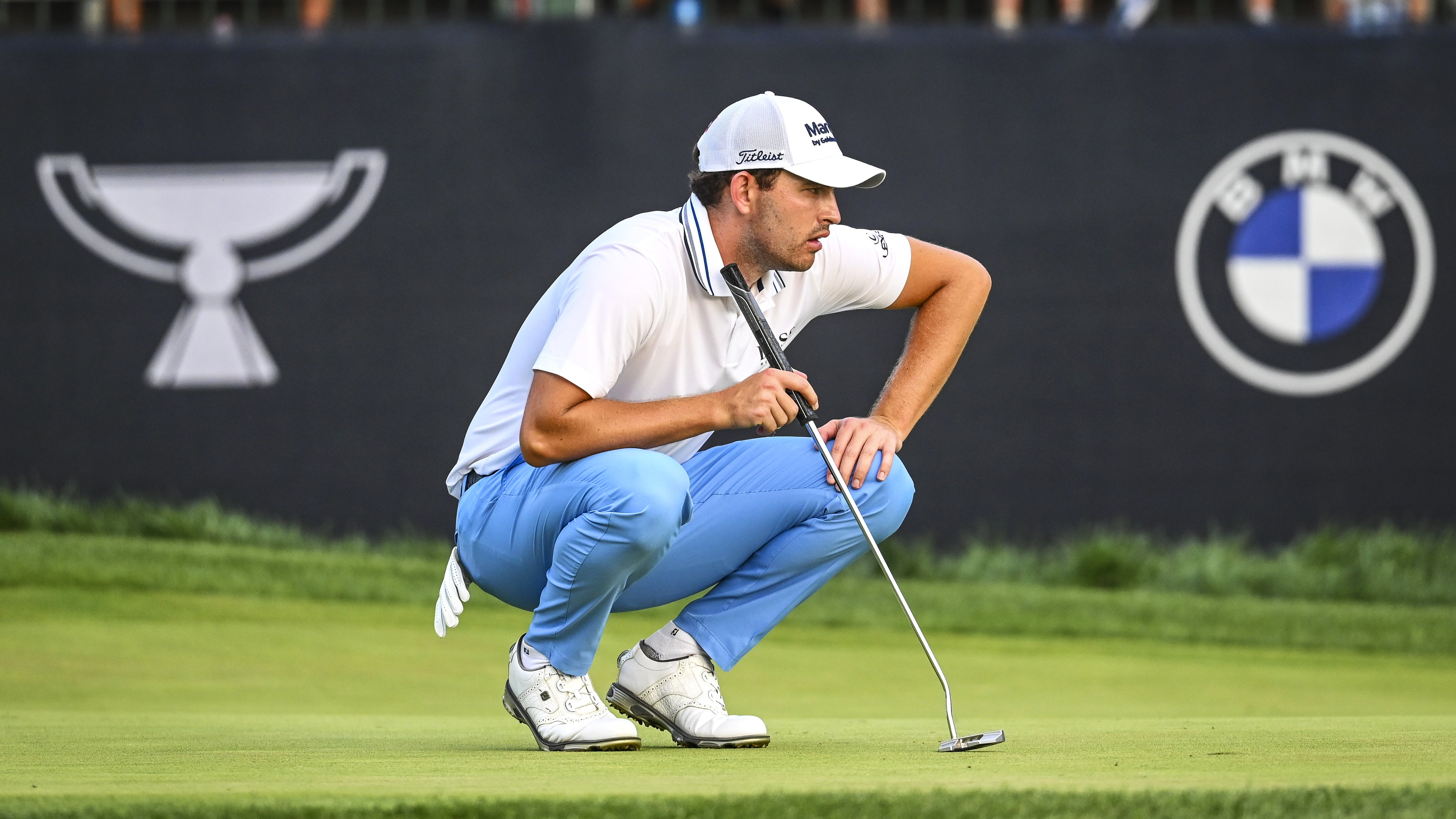 Winner Patrick Cantlay lines up a putt during the last BMW Championship to be played at Caves Valley Golf Club in Maryland, which was in 2021
