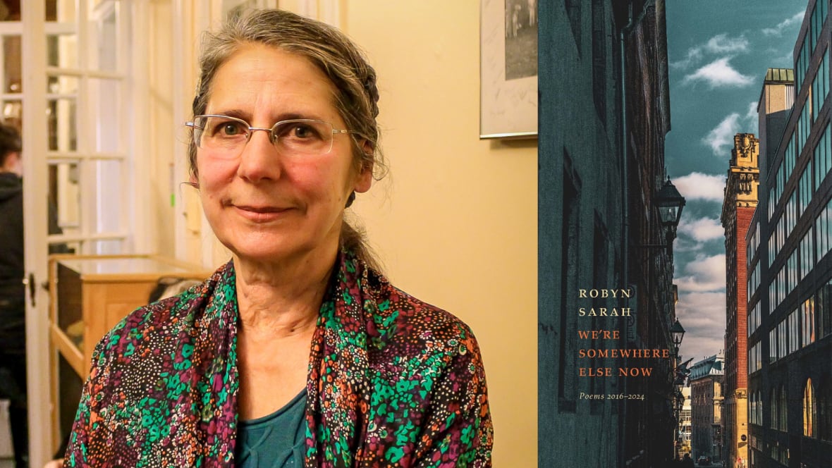 A composite image of a portrait of a woman with glasses looking into the camera beside a book cover featuring a photo taken between buildings. 