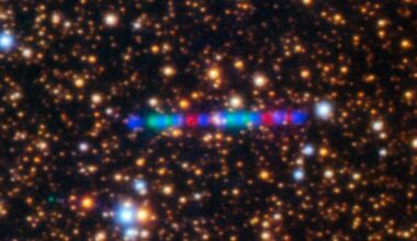 Photograph of a string of blue, red and green lights against a starry background