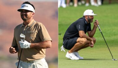 Jason Day walks to the green holding an iron, with Dustin Johnson lining up a putt