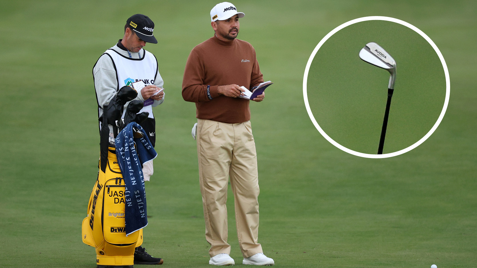 Jason Day waits by his golf bag, with a close up of his irons in a circle