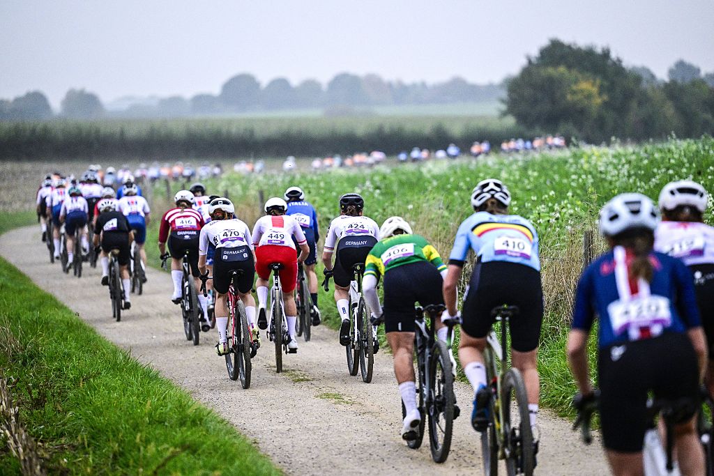 a pack of the riders pictured in action during the women elite race at the UCI World Gravel Championships, Saturday 11 October 2025, in Maastricht, The Netherlands. BELGA PHOTO DIRK WAEM (Photo by DIRK WAEM / BELGA MAG / Belga via AFP) (Photo by DIRK WAEM/BELGA MAG/AFP via Getty Images)