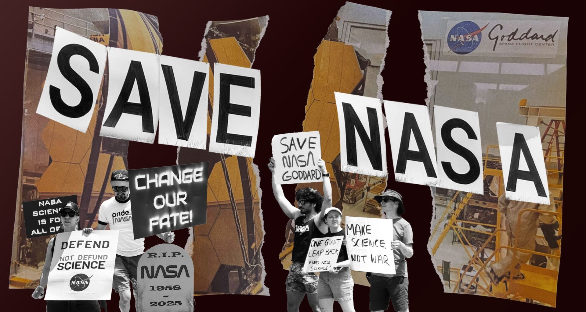 SAVE NASA hangs in front of a torn up photo as black and white protesters hold signs in the bottom foreground.