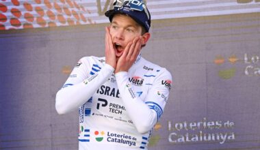 SANT FELIU DE GUIXOLS SPAIN MARCH 18 Nicholas Schultz of Australia and Team IsraelPremier Tech celebrates at podium as Blue Points Jersey winner during the 103rd Volta Ciclista a Catalunya 2024 Stage 1 a 1739km stage from Sant Feliu de Guixols to Sant Feliu de Guixols UCIWT on March 18 2024 in Sant Feliu de Guixols Spain Photo by David RamosGetty Images