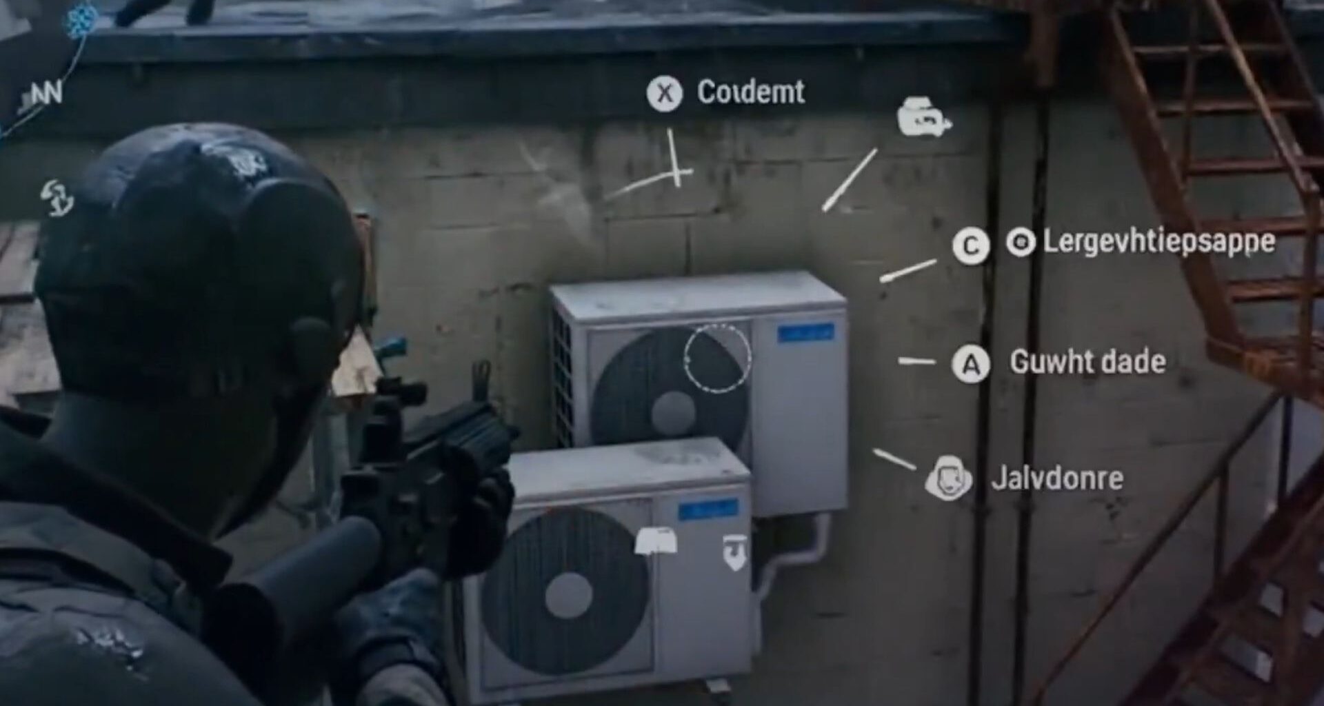 A soldier considers the AI-generated options on their radial menu while aiming at a pair of conjoined twin air conditioners.