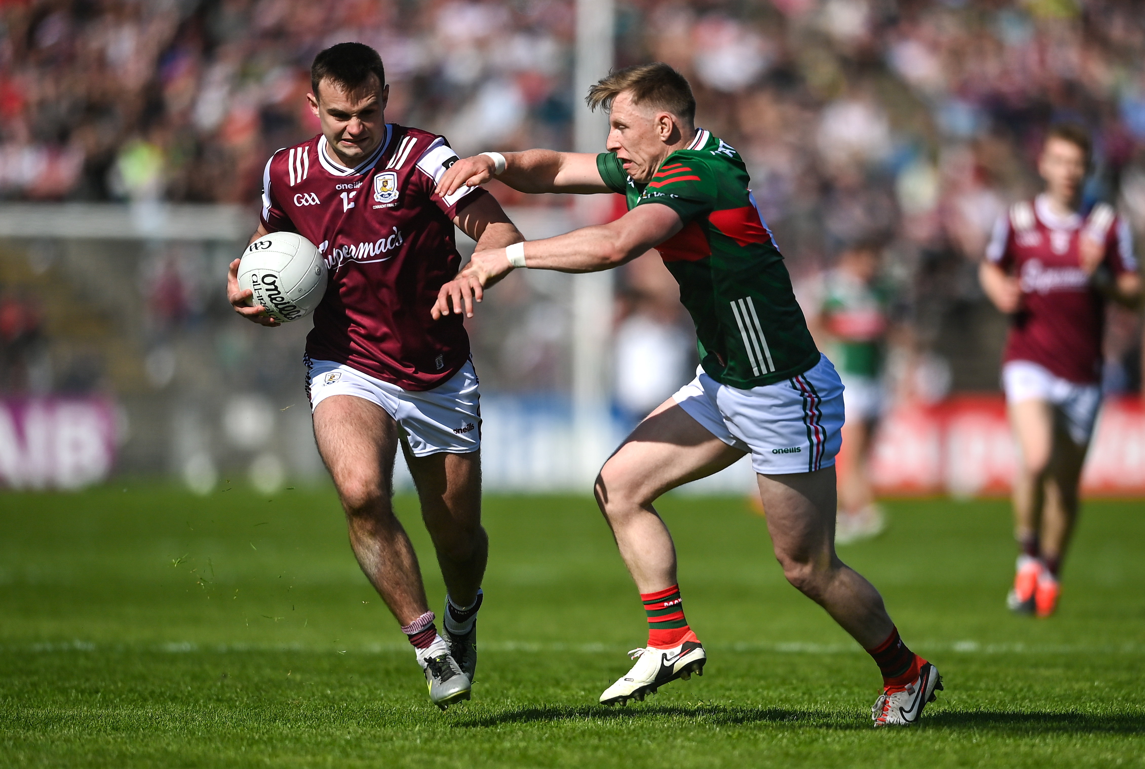 Cillian McDaid of Galway in action against Ryan O'Donoghue of Mayo during the Connacht GAA Football Senior Championship final.