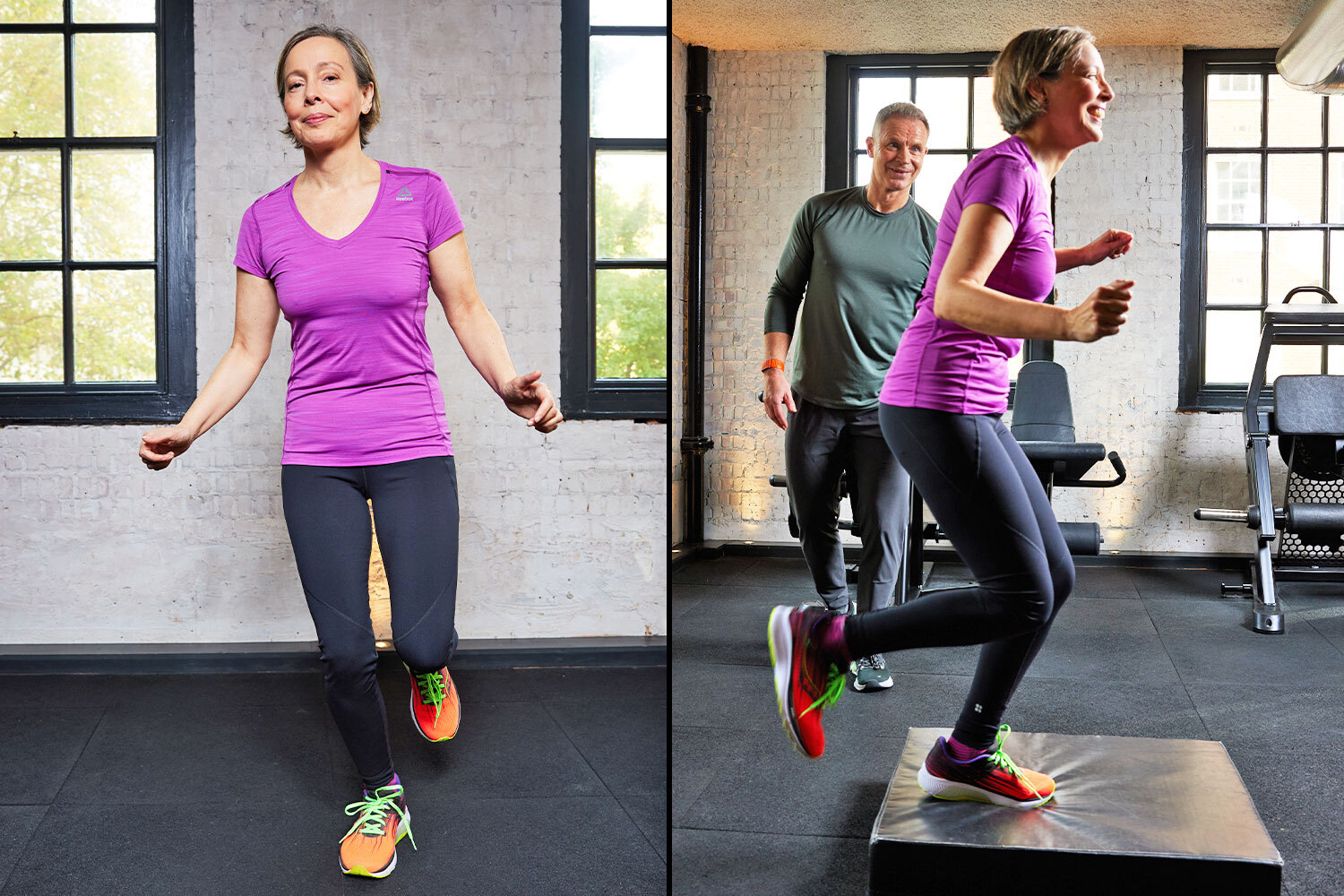 Anna Maxted exercising in a gym with a trainer.