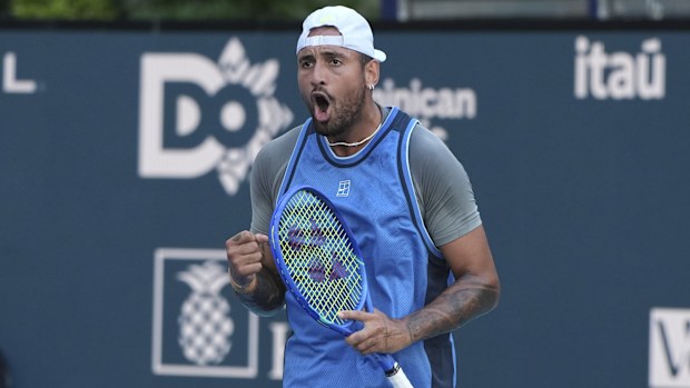 Nick Kyrgios reacts against Mackenzie McDonald at the Miami Open.