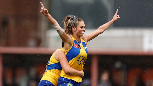 Kayley Kavanagh and Ella Roberts of the Eagles celebrate during the 2025 AFLW first elimination final match.