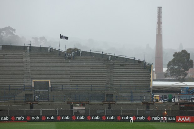 BALLARAT, AUSTRALIA - OCTOBER 26: Mars Stadium during the rain before the 2025 AFLW Round 11 match between the Western Bulldogs and the Geelong Cats at Mars Stadium on October 26, 2025 in Ballarat, Australia. (Photo by James Wiltshire/AFL Photos via Getty Images)
