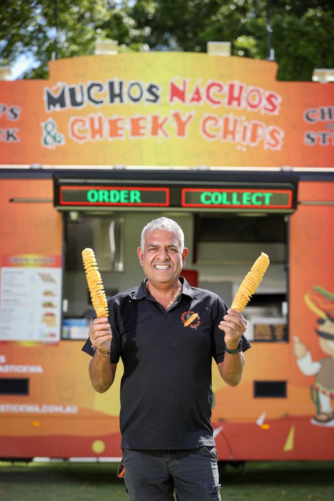 Chips on a Stick’s Sunny Bhudia pictured in Burswood Park, Perth, on Thursday ahead of the WA Day Festival. Picture: Carwyn Monck