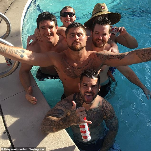 Grayson Goodwin (above, with arms outstretched) is the son of St George great 'Lord' Ted Goodwin and the younger brother of former NRL players Bryson, Bronx and Luke (Broncos halfback Adam Reynolds is pictured, bottom)