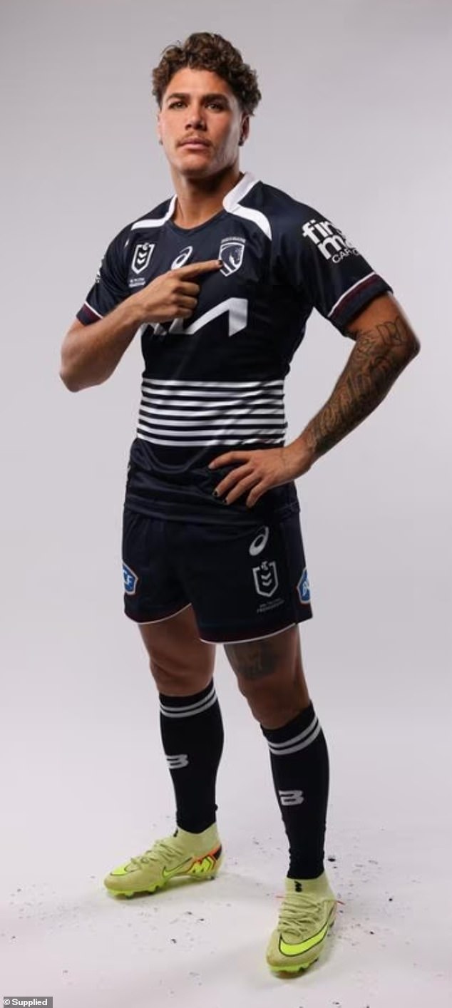 Star fullback Reece Walsh (pictured) models the Broncos' 2026 away jersey, which has attracted criticism over the switch to dark blue