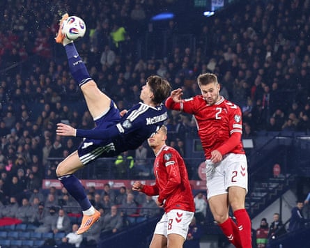 Scotland v Denmark - FIFA World Cup 2026 QualifierGLASGOW, SCOTLAND - NOVEMBER 18:  Scott McTominay of Scotland scores a goal to make it 1-0 during the FIFA World Cup 2026 qualifier match between Scotland and Denmark at Hampden Park on November 18, 2025 in Glasgow, Scotland. (Photo by Robbie Jay Barratt - AMA/Getty Images)