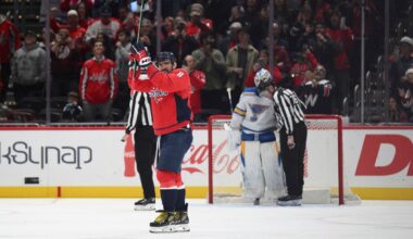 Blues' Binnington tries to hide puck from Ovechkin's 900th goal