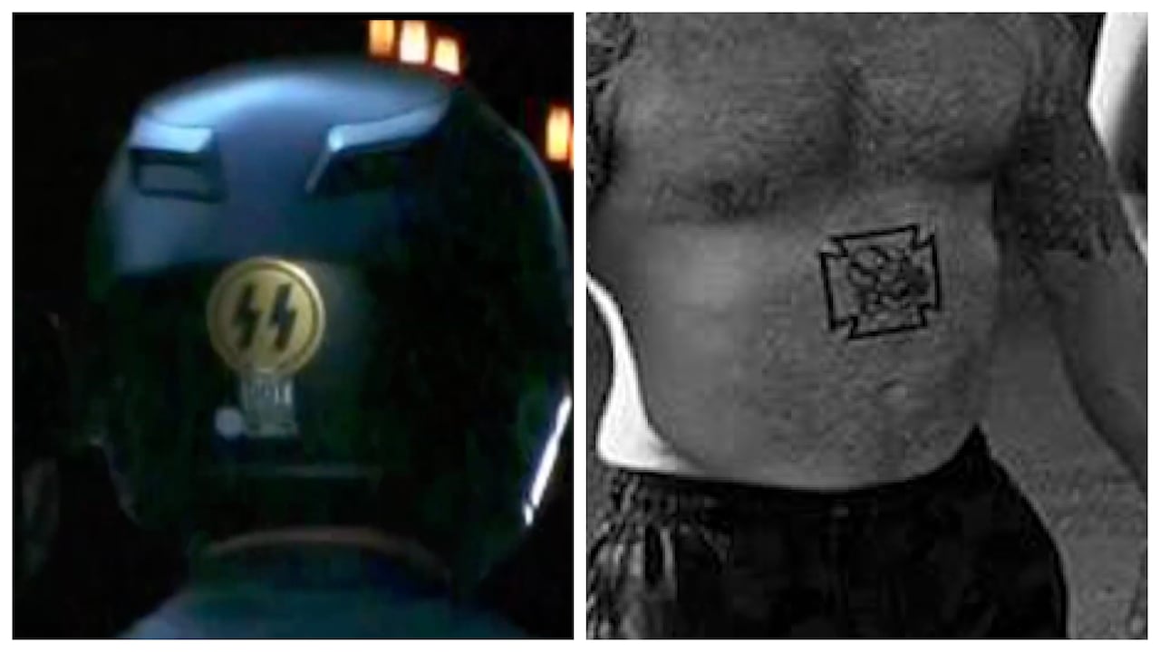 A composite image shows a motorbike helmet with the SS symbol and a stomach tattoo with a similar symbol.