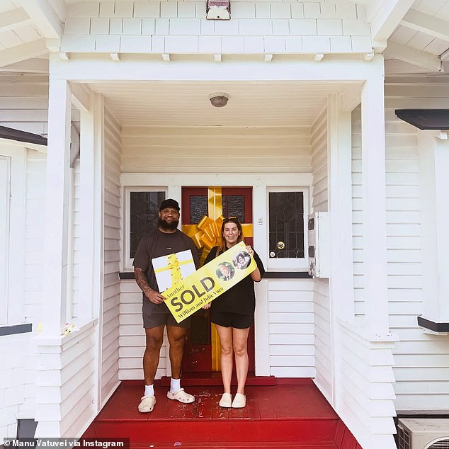 Former NRL player Manu Vatuvei has unveiled that he is about to step into an exciting new chapter in his life, revealing that he and his partner Eva, have bought a house (pictured)