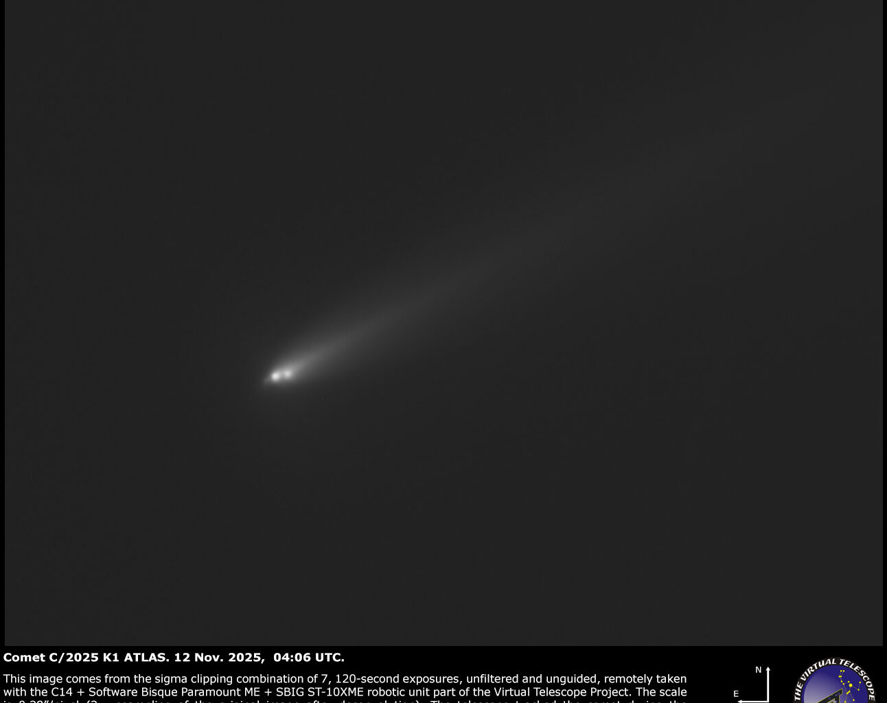 Comet C/2025 K1 ATLAS: the fragmentation of the nucleus is well visible, with likely three parts. 12 Nov. 2025.