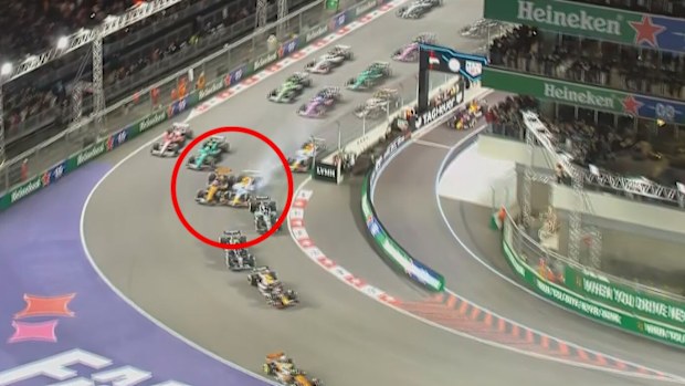 McLaren's Oscar Piastri and Racing Bulls' Liam Lawson bang wheels at the start of the Las Vegas Grand Prix.