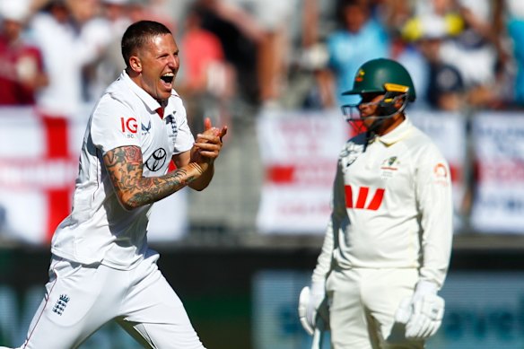 England’s Brydon Carse celebrates the wicket of Australia’s Usman Khawaja.