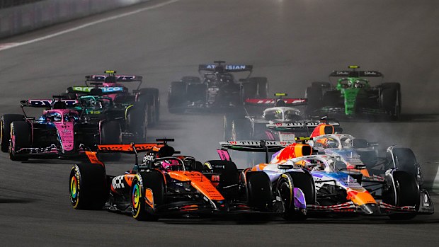 Liam Lawson and Oscar Piastri banged wheels in turn one of Las Vegas. 