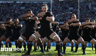 Kieran Read of New Zealand leads the Haka prior to the win over Ireland